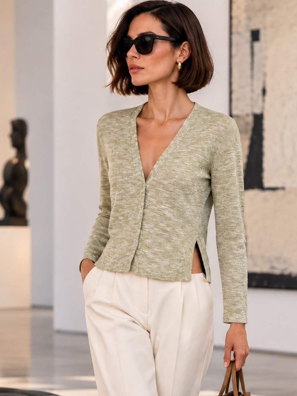 THEORY Quiet Luxury Minimalist Green Marled Linen Cardigan, S